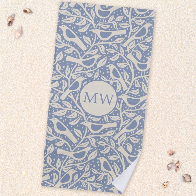 Erbe Vögel Monogramm Anfangsbuchstaben Strandtuch (Heritage Arts and Crafts style monogram initial personalized birds and branches beach towel)