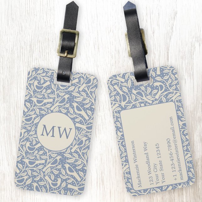 Erbe Vögel Monogramm Gepäckanhänger (Heritage Arts and Crafts style bird and branches monogram initial personalized luggage tag)