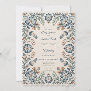 Erbe   Volkskunst Blaue Florale Vintage-Hochzeit Einladung