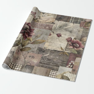 Erbliches Blumenbett in Burgund und Braun Geschenkpapier