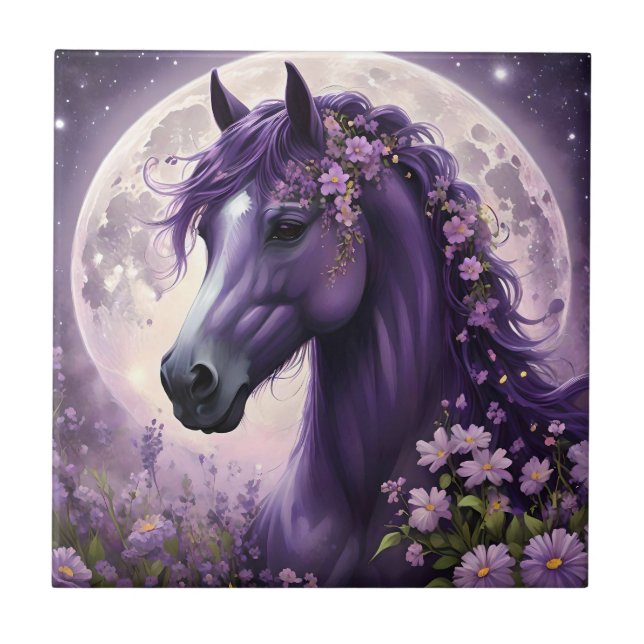 "Erblühende Träume: Das lila Blumen-Fantasy-Pferd" Fliese (Vorderseite)