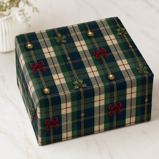 Erbschafts-Navy-Grün-Tartan-Weihnachtsbögen-Glocke Geschenkpapier