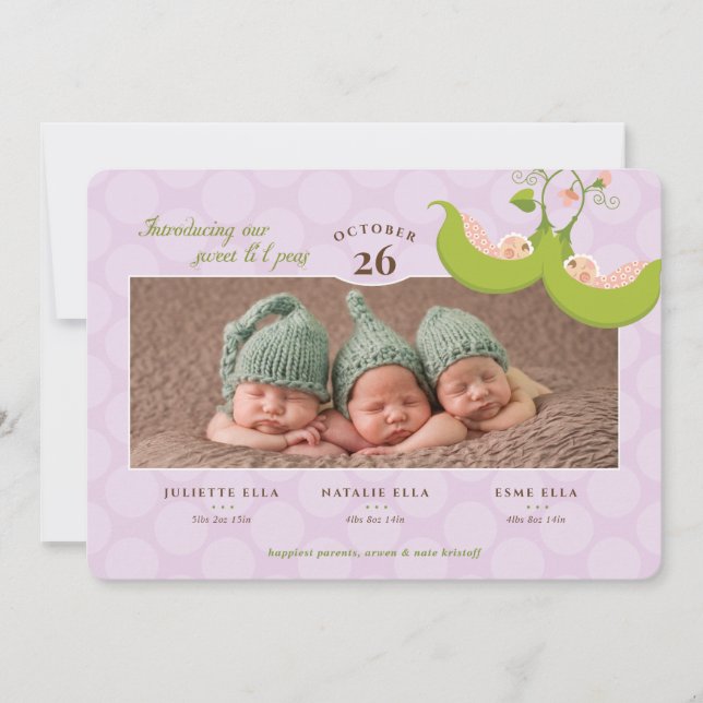 Erbsen in einem Pod All Girl Triplets Geburtsankün Einladung (Vorderseite)