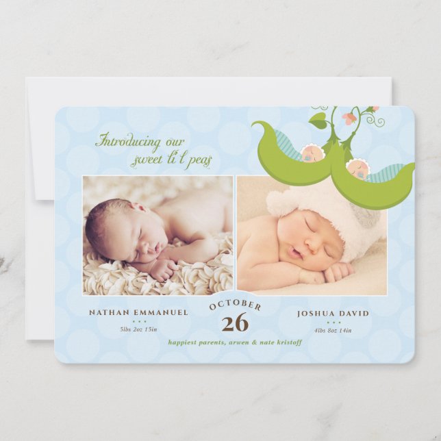Erbsen in einem Pod Twin Boys 2 Bilder Geburtsankü Einladung (Vorderseite)