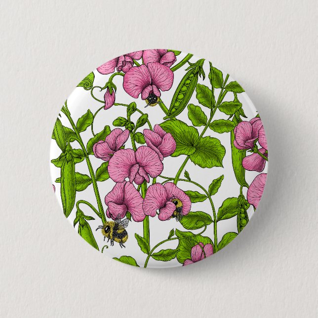 Erbsen und Hummeln, süß, rosa, grün und weiß Button (Vorderseite)