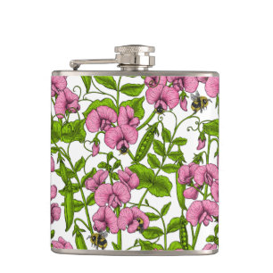 Erbsen und Hummeln, süß, rosa, grün und weiß Flachmann