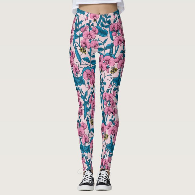 Erbsen und Hummeln, süß, rosa und blau Leggings (Vorderseite)