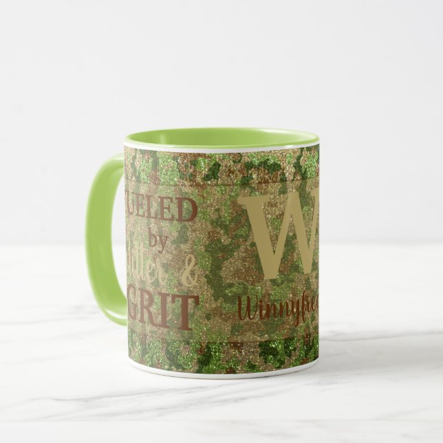Erd-Braun-Grün-Tarnung Glitter Camo Name Tasse (Vorderseite Links)