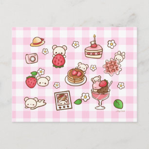 Erdbeer Bär Kawaii Süße Törtchen Rosa Gingham Postkarte