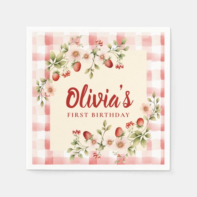 Erdbeer Blumen Gingham Erster Geburtstag Serviette (Vorderseite)