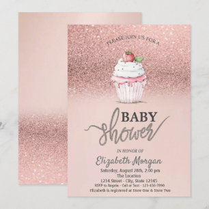Erdbeer-Cupcake-Rose-Gold-Glitter-Baby-Party Einladung