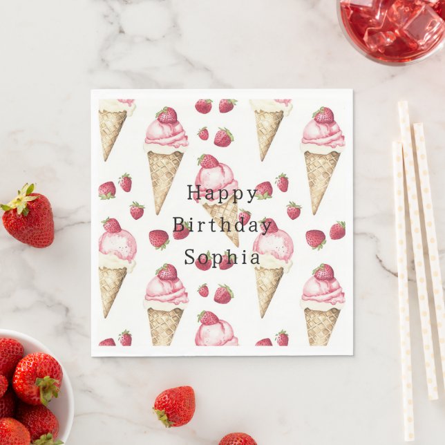 Erdbeer-Eiscreme-Tüten Geburtstag Serviette (Beispiel)