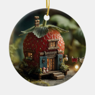 Erdbeer-Fee-Haus mit Mini-Wäscheleine Keramik Ornament