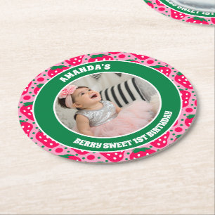 Erdbeer-Fest zum ersten Geburtstag Foto Runder Pappuntersetzer
