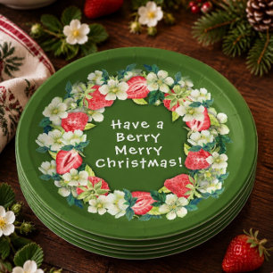 (Erdbeer) Frohe Weihnachten Grüner Papier-Teller Pappteller