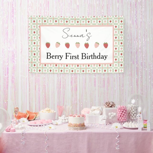 Erdbeer-Gingham-Erstgeburtstagsfeier  Banner (Party)