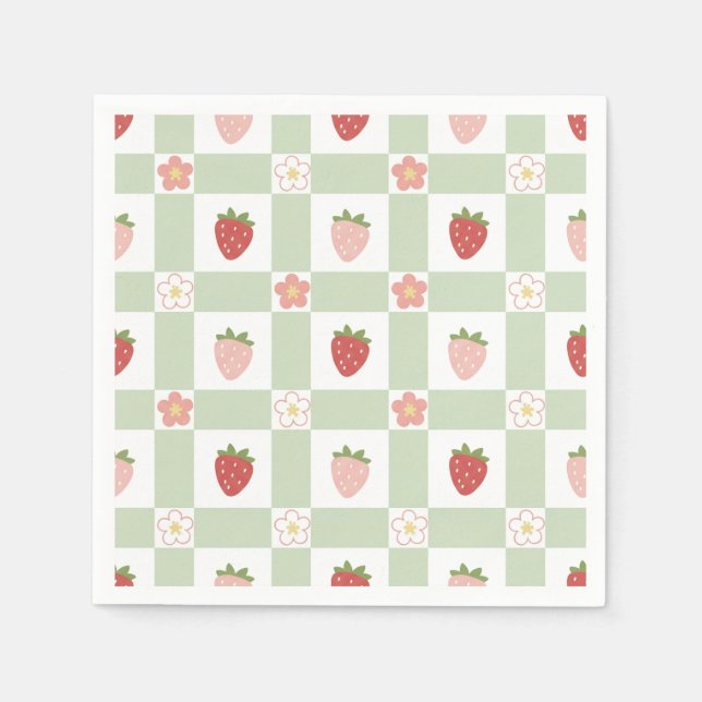 Erdbeer-Gingham Pastellgrün 1. Geburtstag Serviette (Vorderseite)