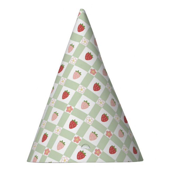 Erdbeer-Gingham Pastellgrün Kinder Partyhütchen (Rechts)