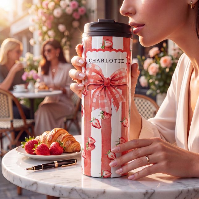 Erdbeer-Gingham-Schleife Rot gestreift Wasserfarbe Thermosbecher (Von Creator hochgeladen)
