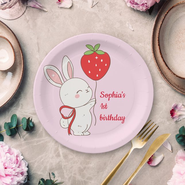 Erdbeer-Hasen-Geburtstag Rosa Pappteller (Von Creator hochgeladen)