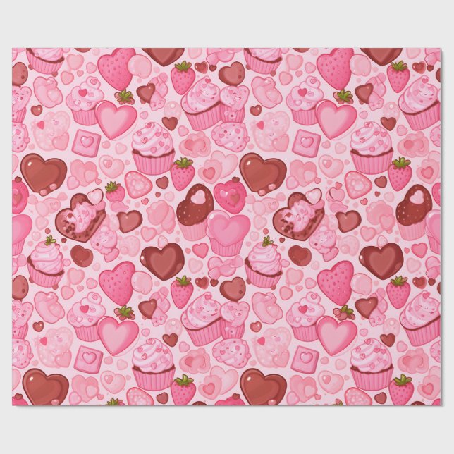 Erdbeer-Herz-Cupcake-Valentinstag Nahtlos Geschenkpapier (Flach)
