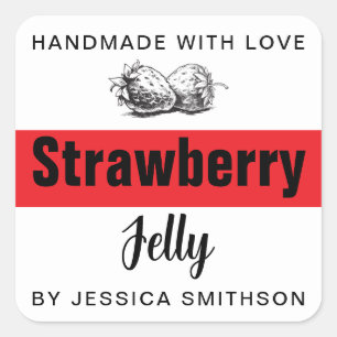 Erdbeer-Jelly-Jam-Homemade-Etikett STRAW03sq Quadratischer Aufkleber