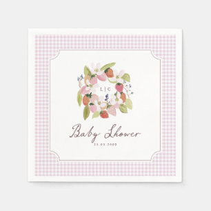 Erdbeer-Monogramm Rosa Gingham-Baby-Party Serviette