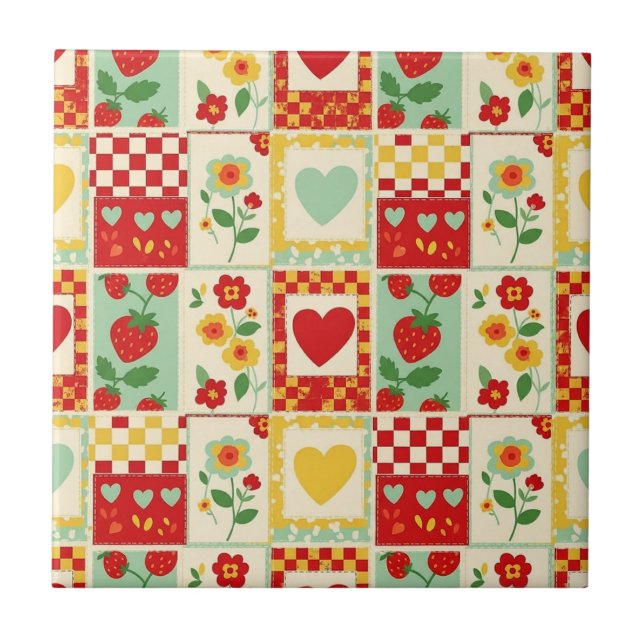 Erdbeer-Patchwork-Picknick (1) Fliese (Vorderseite)