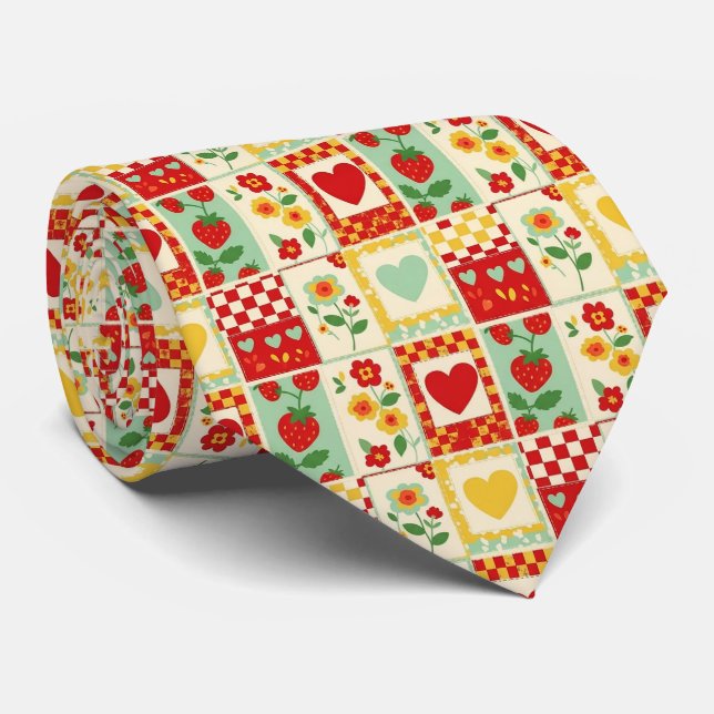 Erdbeer-Patchwork-Picknick (1) Krawatte (Gerollt)