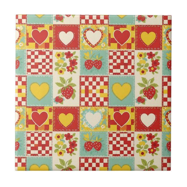 Erdbeer-Patchwork-Picknick (2) Fliese (Vorderseite)