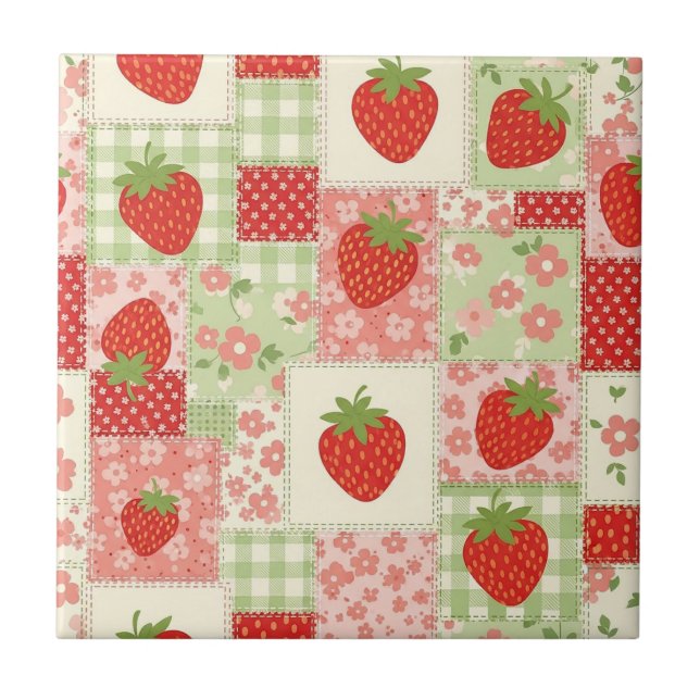 Erdbeer-Patchwork-Picknick (4) Fliese (Vorderseite)