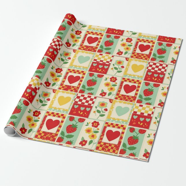 Erdbeer-Patchwork-Picknick Geschenkpapier (Ungerollt)