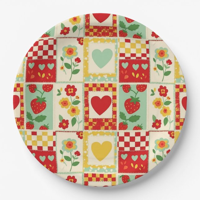 Erdbeer-Patchwork-Picknick Pappteller (Vorderseite)