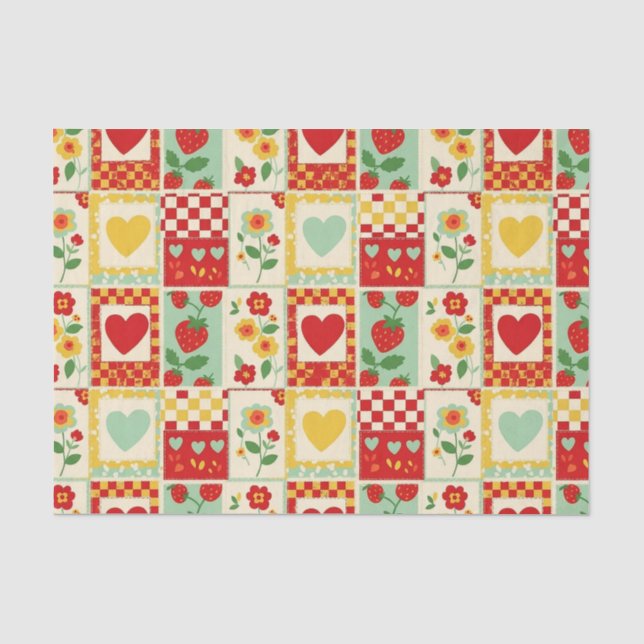 Erdbeer-Patchwork-Picknick Seidenpapier (Vorderseite)