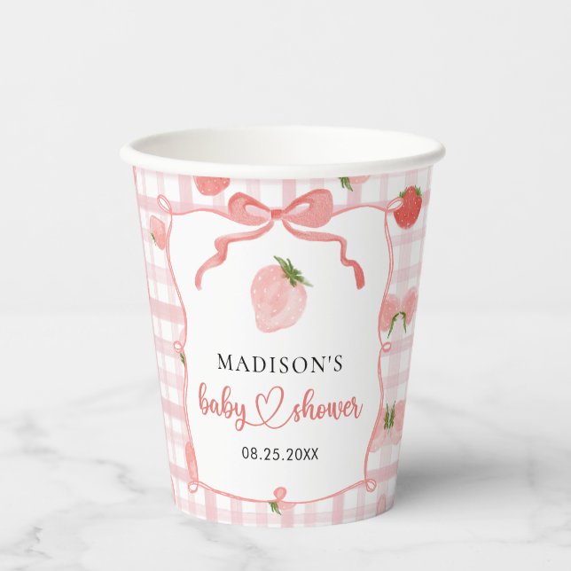 Erdbeer-Rosa-Gingham-Mädchen-Baby-Party Pappbecher (Vorderseite)
