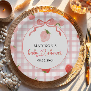 Erdbeer-Rosa-Gingham-Mädchen-Baby-Party Pappteller