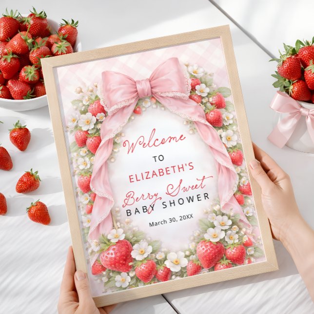 Erdbeer-Rosa-Schleife Baby Shower Willkommen  Poster (Von Creator hochgeladen)