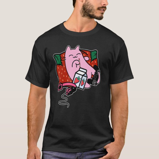 Erdbeer-Shake Erdbeermilch Rosa Katze T-Shirt (Vorderseite)