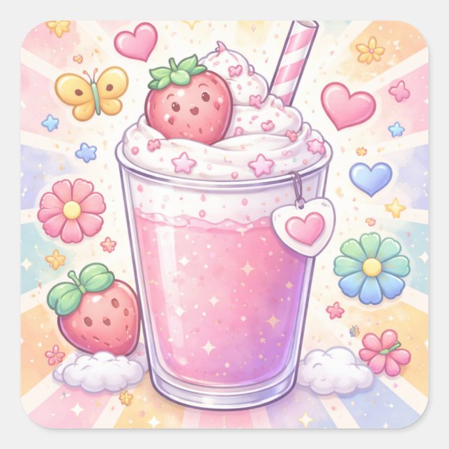 Erdbeer-Träume-Milchshake Quadratischer Aufkleber (Vorderseite)