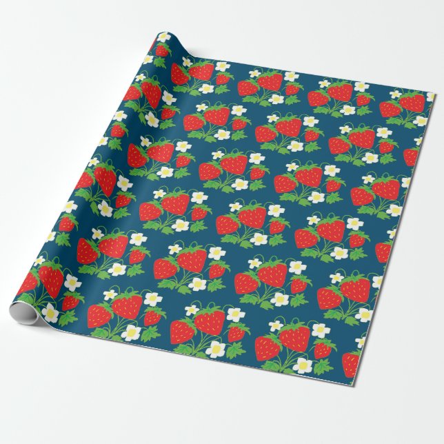 Erdbeer- und Blumenmuster Blau Geschenkpapier (Ungerollt)