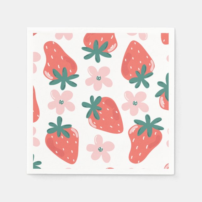 Erdbeer- und Blumenmuster Serviette (Vorderseite)