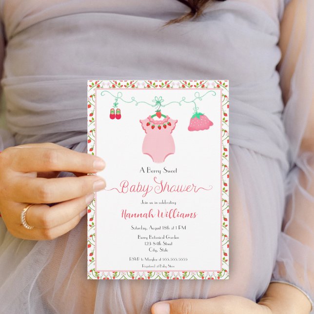 ErdbeerBaby Outfit mit Pattern Baby Dusche Einladung (A sweet berry baby shower invitation for your upcoming mother to be celebration!)