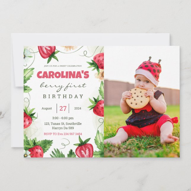 Erdbeerbeere erstes Foto Geburtstag Einladung (Vorderseite)