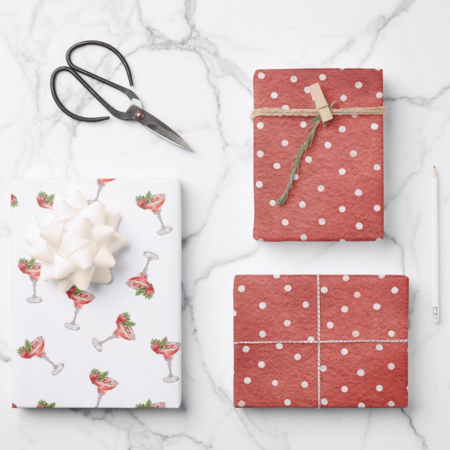 Erdbeercocktail-Getränke rote Punkte Junggesellinn Geschenkpapier Set (Vorderseite)