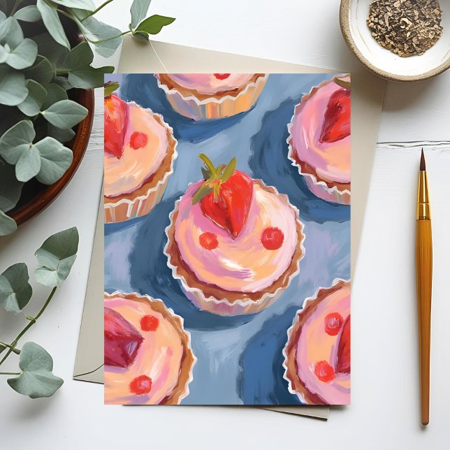 Erdbeercupcakes | Frucht-Aquarell-Feierlich Postkarte (Von Creator hochgeladen)