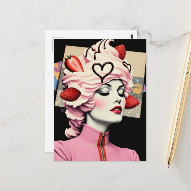 Erdbeerdessert-Frauen-Collage Postkarte (Vorderseite/Rückseite Beispiel)