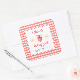 Erdbeere 1. Geburtstag Beere Erster Geburtstag Quadratischer Aufkleber