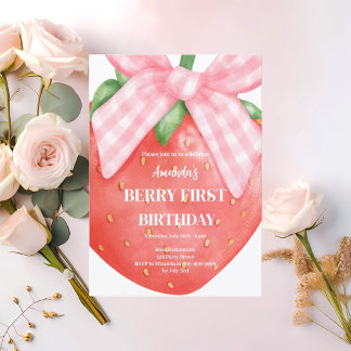 Erdbeere 1. Geburtstagsbeere erstes Foto Rosa Bug Einladung