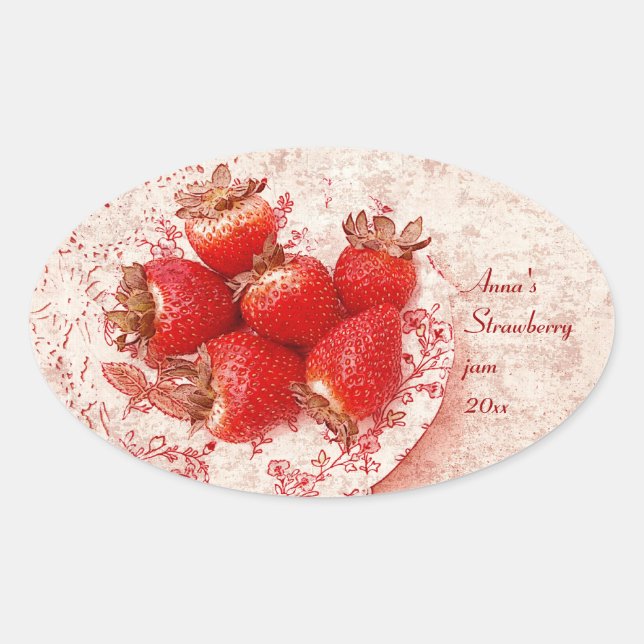 Erdbeere - altes Konservenlabel im Landhausstil Ovaler Aufkleber (Vorderseite)