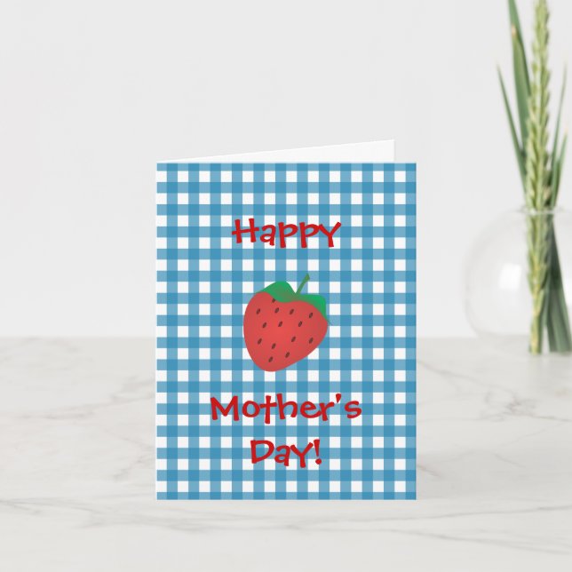 Erdbeere auf blauem Gingham Karte (Vorderseite)